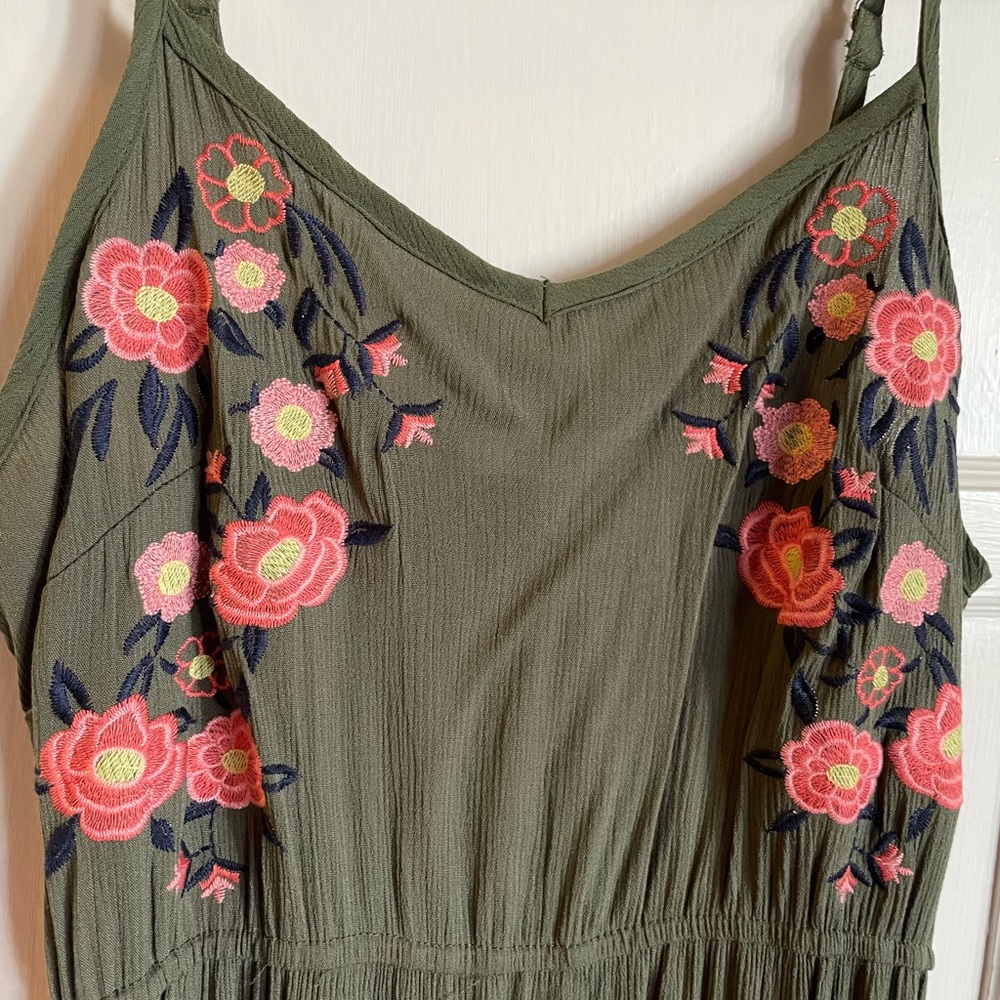 Army green embroidered summer dress